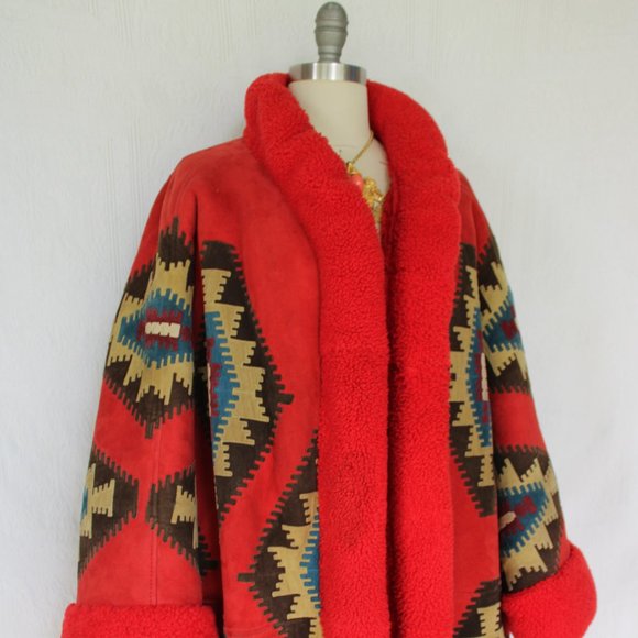 Vintage Valentino Boutique Shearling leather suede Aztec Tribal jacket coat - Picture 3 of 13